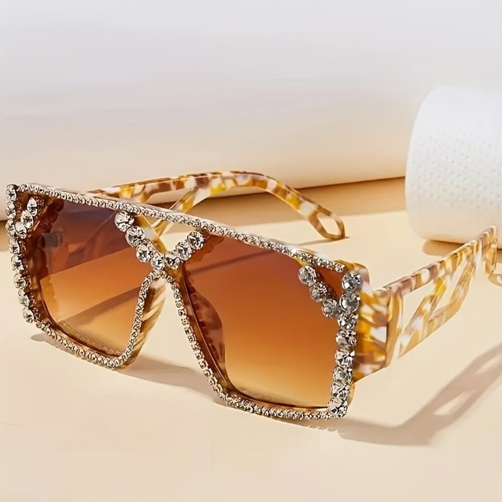 Large Hollow Geometric Mirror Sunglasses – Tortoiseshell Frame with Rhinestone A - Picture 2 of 4